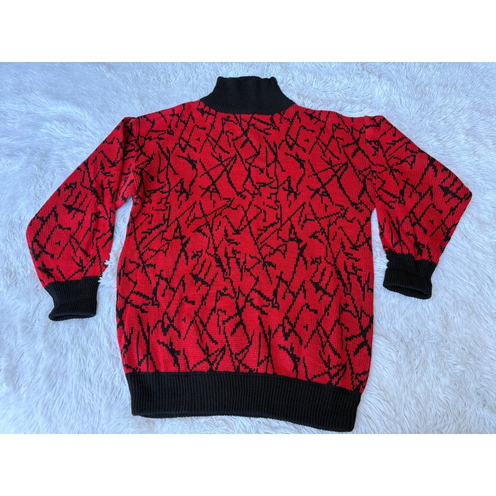 Vintage 80s Red Black‎ Abstract Mock Neck Sweater Boundary Waters Women's L